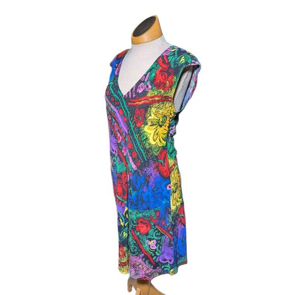 Jams World Black Colorful Floral Scratch Art Cap Sleeve V-Neck Sun Dress Sz S - Picture 1 of 4